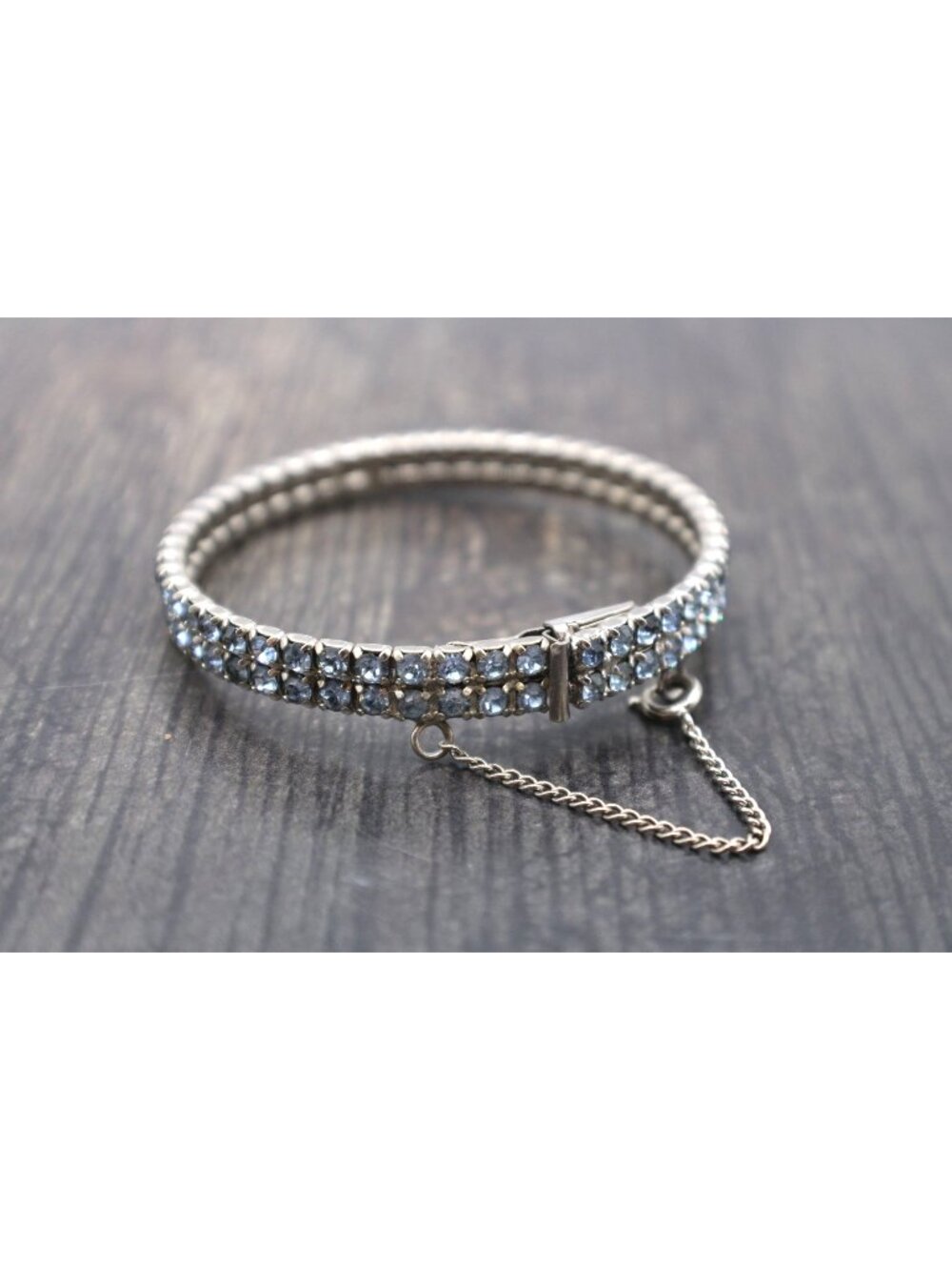 Silver Blue Rhinestone Bracelet Vintage Tennis Style with Safety Chain Jewelry